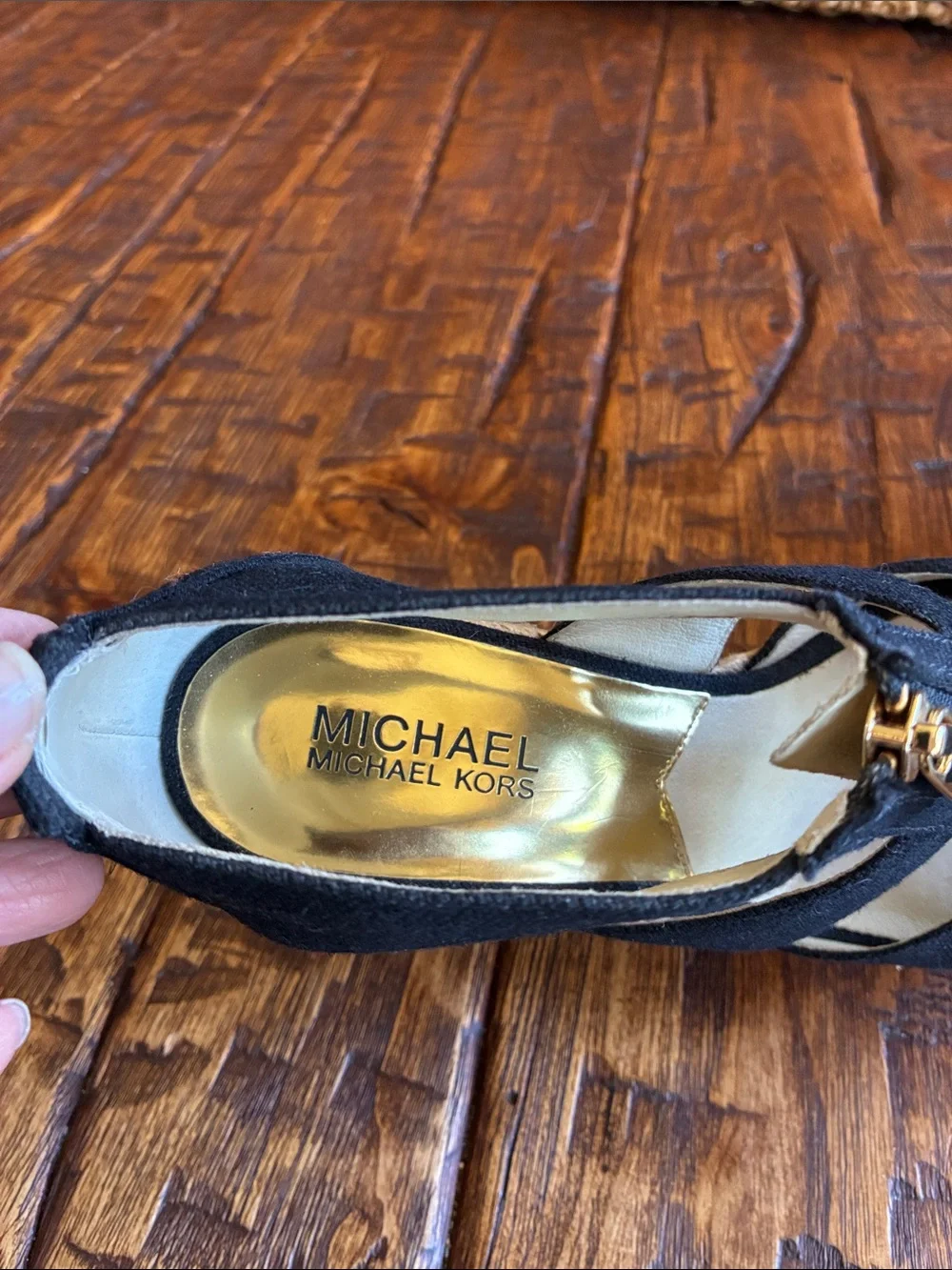 Michael Kors Black Wedge Sandals with Gold Front Zipper